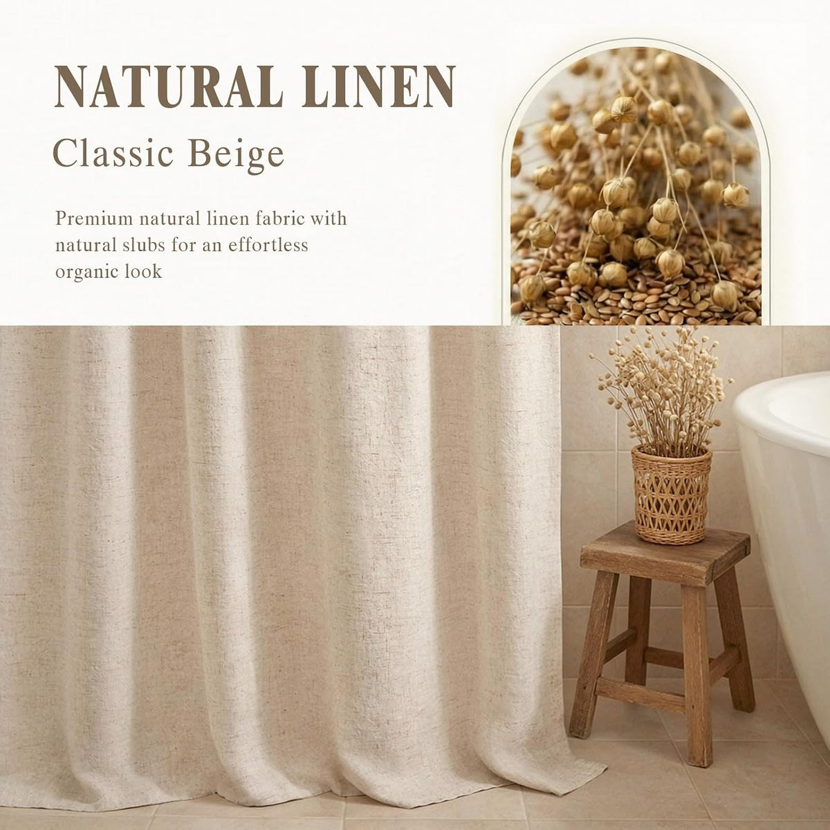Linen Shower Curtain Beige Boho Cream Natural Cloth 72" W x 72" L