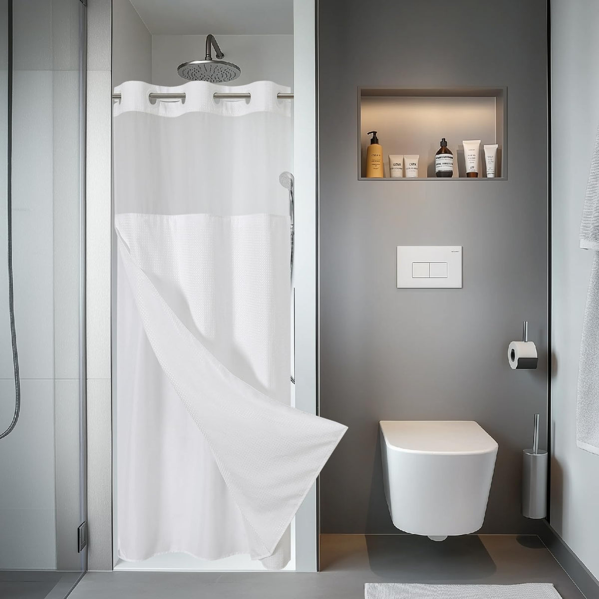 eachope No Hook Waffle Shower Curtain with Snap-in Liner, 71x74 Inch, Grey