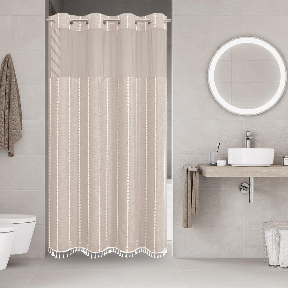 eachope Boho Farmhouse No Hook Shower Curtain Set with Snap-in Fabric Liner,Heavy-Duty Linen Textured Rustic Striped Design,Water-Repellent with Tassels and Sheer Window,Tan/Taupe,71x74