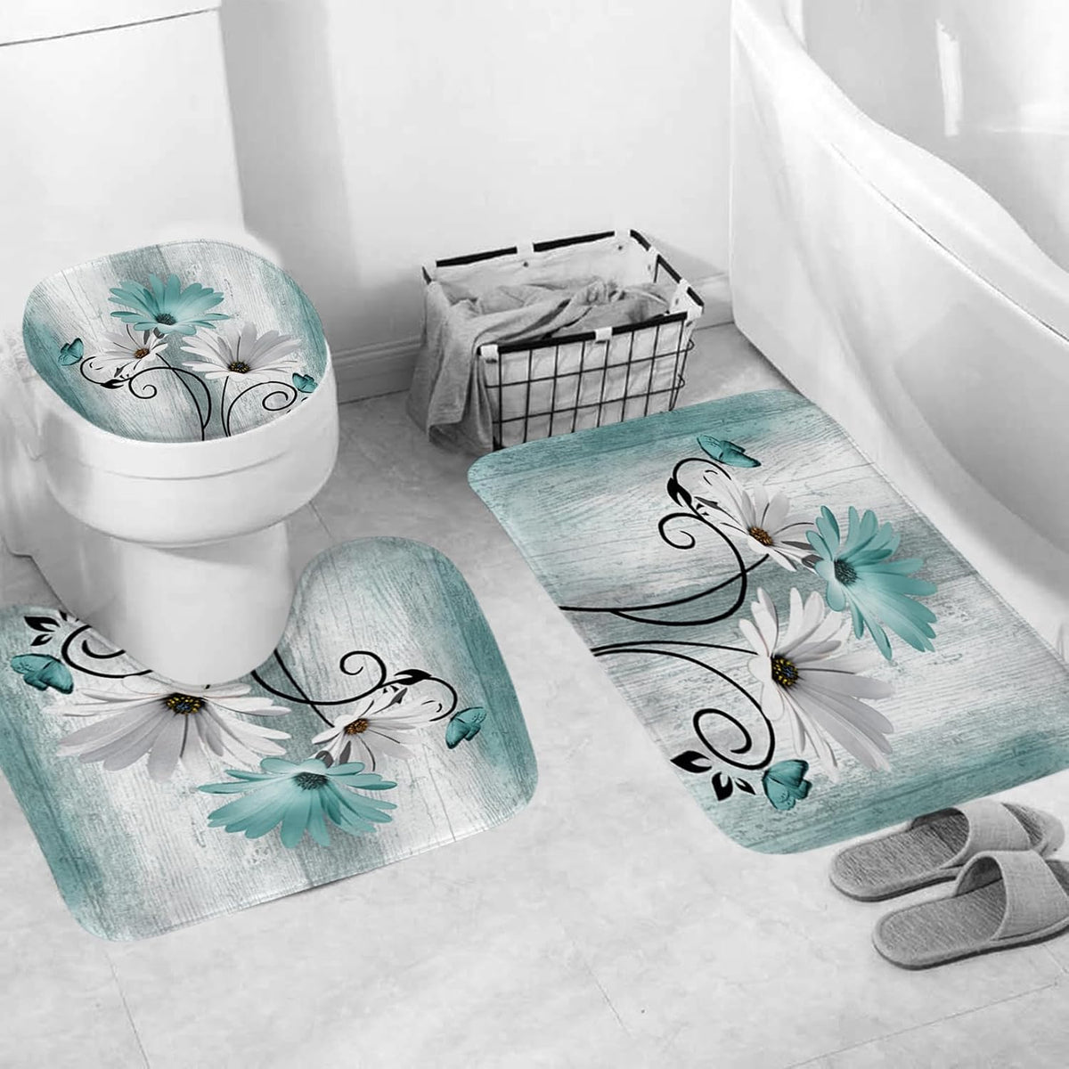 Onalasyc 4PCS Teal Daisy Floral Bathroom Sets with Shower Curtain and Rugs