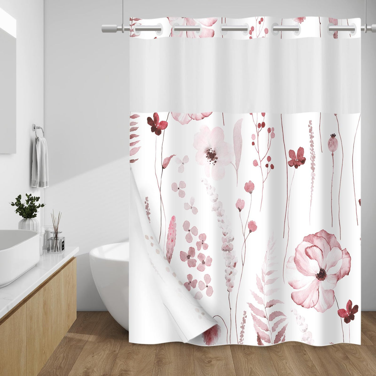 WITHLOC Hook Free Floral Shower Curtain with Liner, Blue Beige, 71x74
