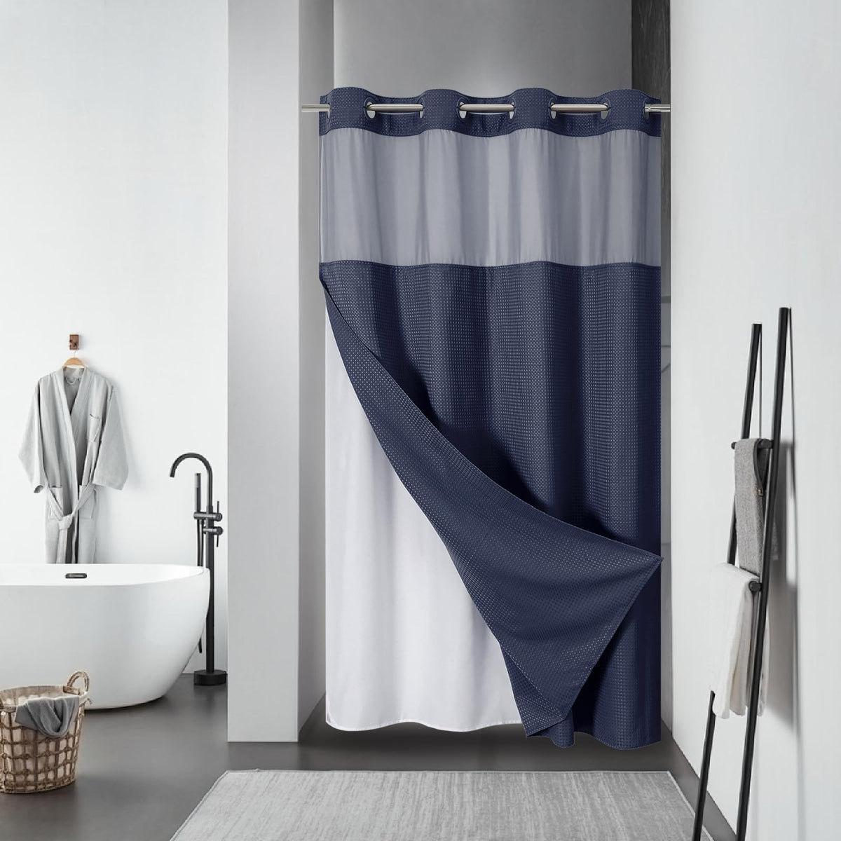 eachope No Hook Waffle Shower Curtain with Snap-in Liner, 71x74 Inch, Grey