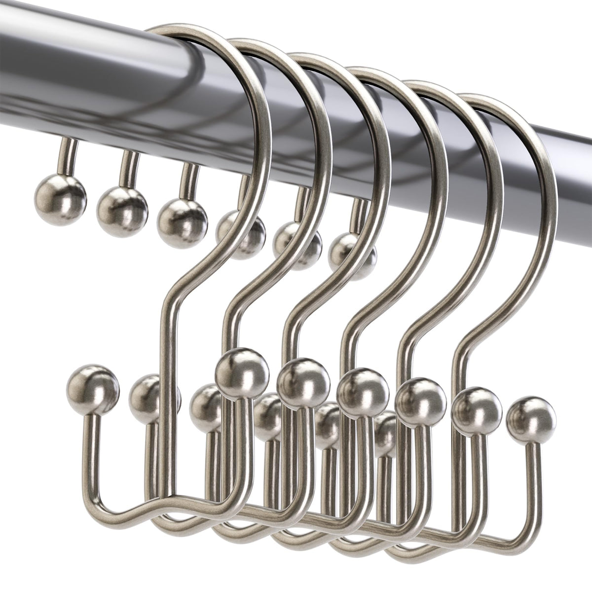 Titanker Shower Curtain Hooks Rings, Rust Resistant Metal Double Glide Shower Hooks Rings for Bathroom Shower Rods Curtains, Set of 12 Hooks - Nickel
