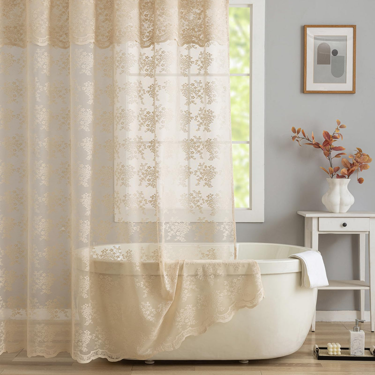 TUDECO Pink Lace Shower Curtain with Attached Valance, 72x72 Inch, 1 Panel