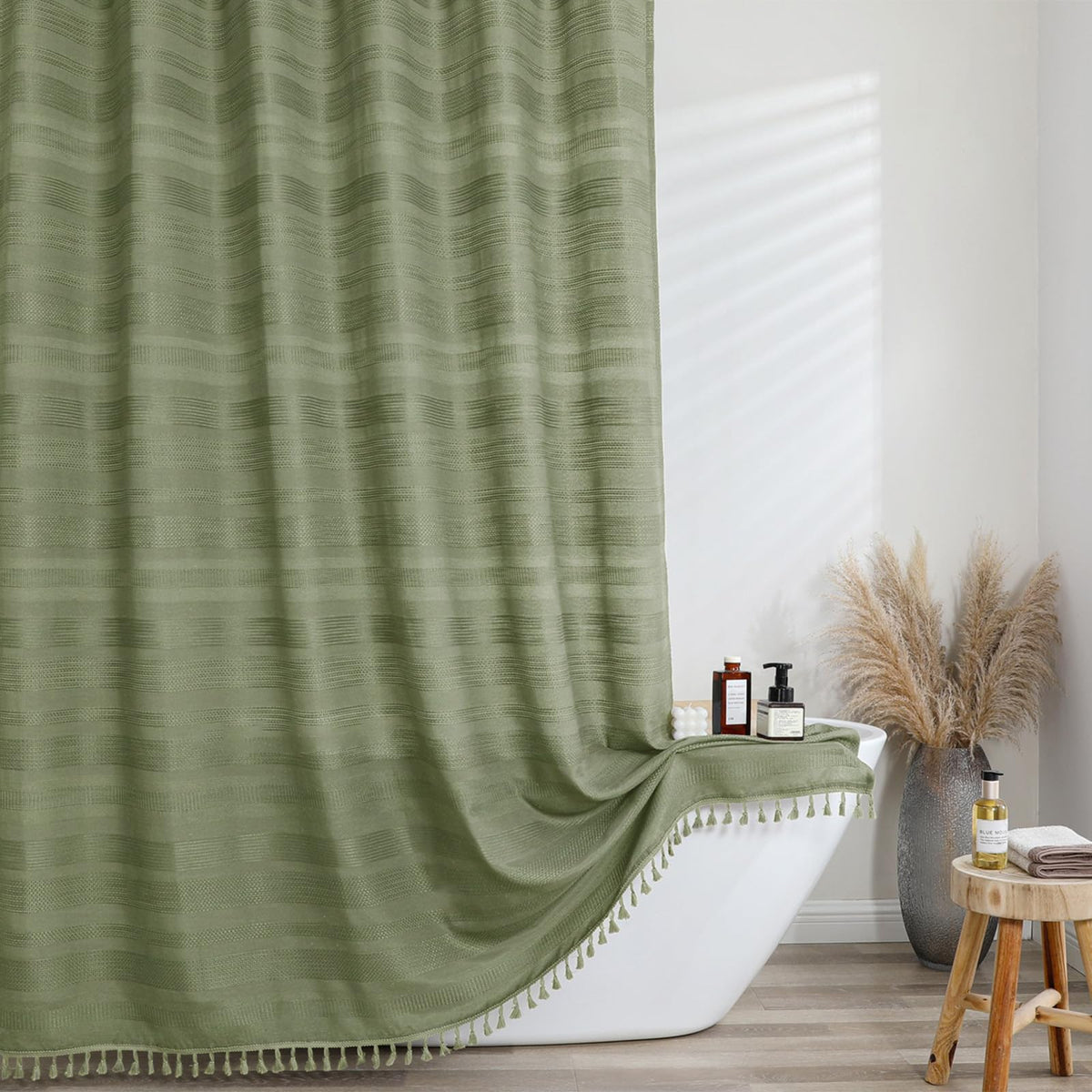 OVZME Natural Linen Shower Curtain for Bathroom, Boho Farmhouse Rustic Striped Shower Curtain with Tassel, Textured Heavy Duty Vintage Country Bathroom Curtain, 72Wx72L Inches