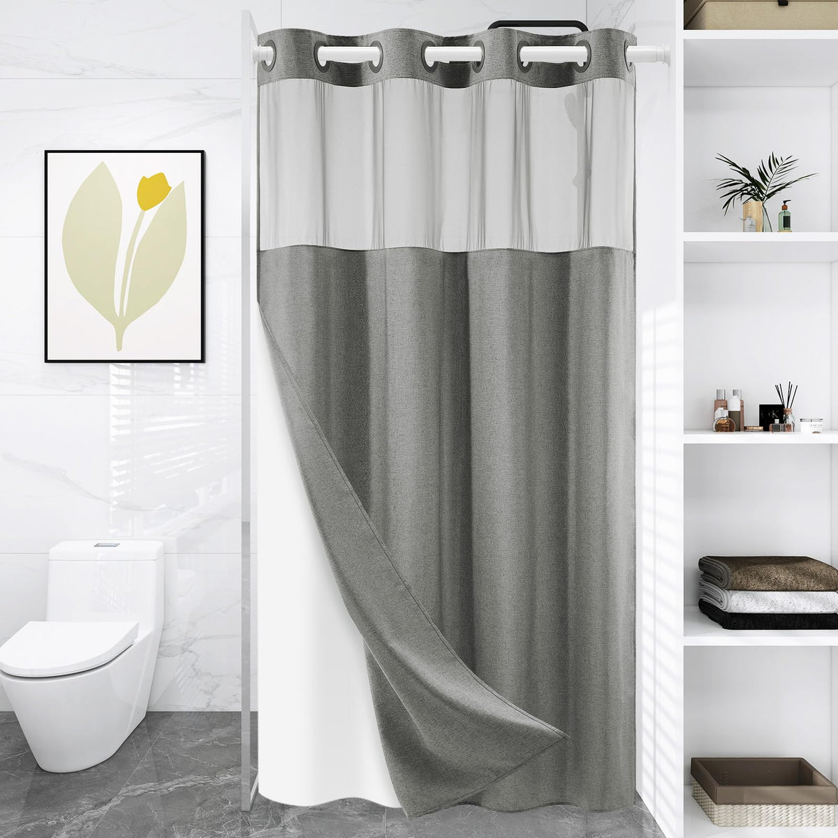 WONICY Hook-Free Shower Curtain with Snap-in Liner, Cream, 71 x 74