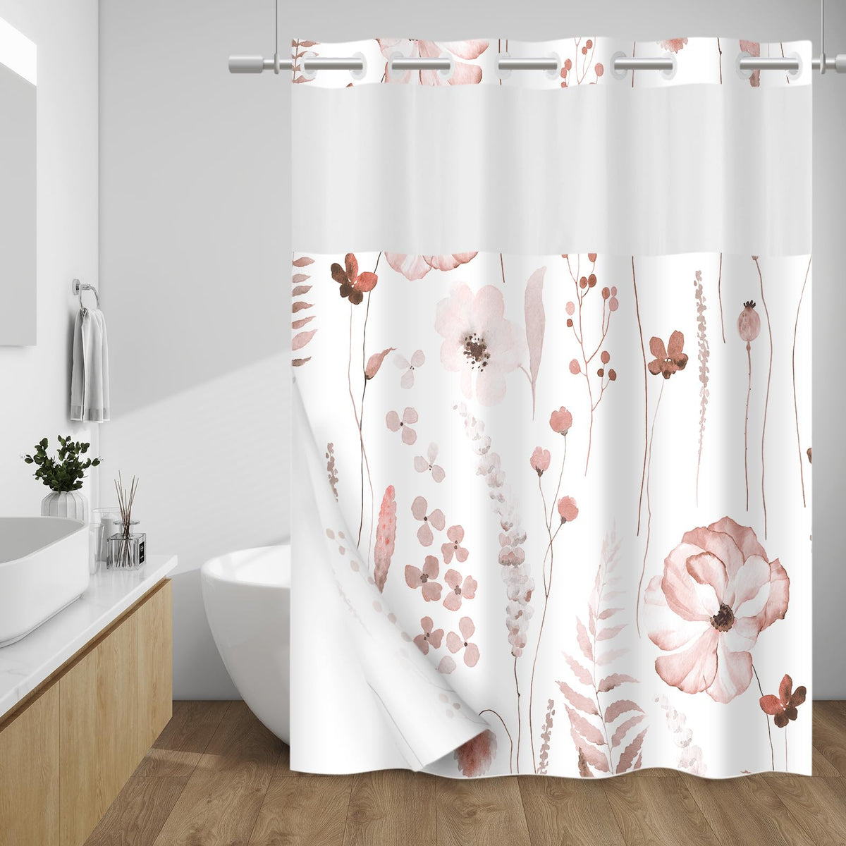 WITHLOC Hook Free Floral Shower Curtain with Liner, Blue Beige, 71x74