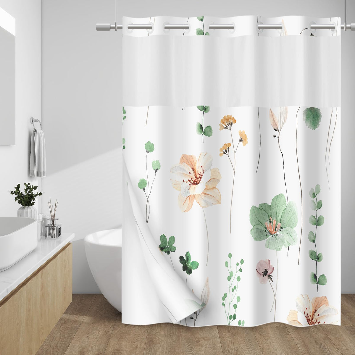WITHLOC Hook Free Floral Shower Curtain with Liner, Blue Beige, 71x74