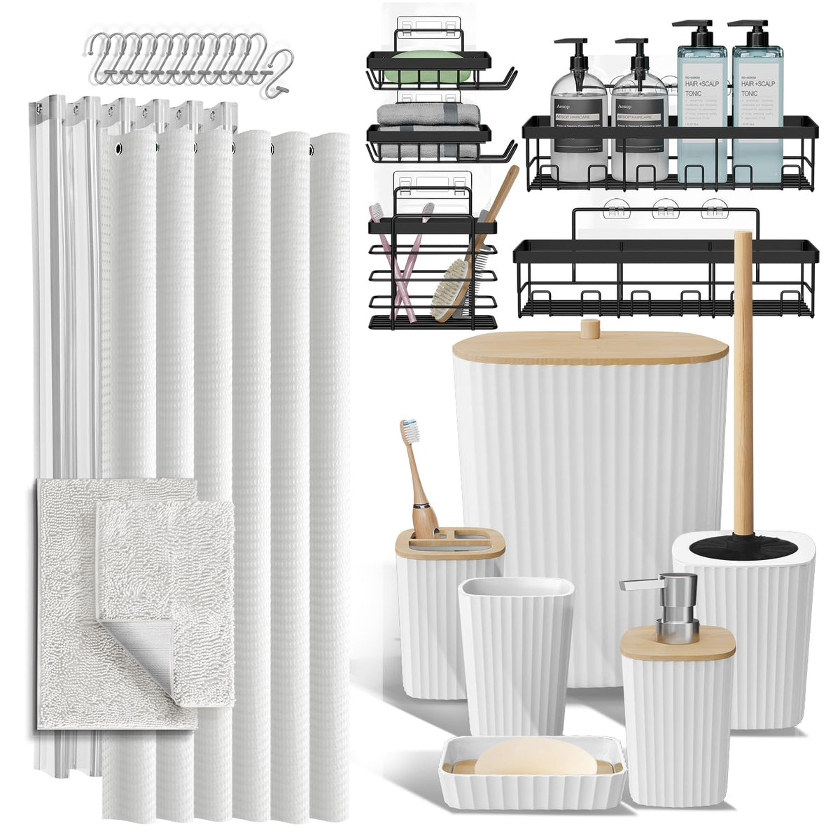 Clara Clark Black Bathroom Set, Shower Curtain Set, Bathroom Accessory Set