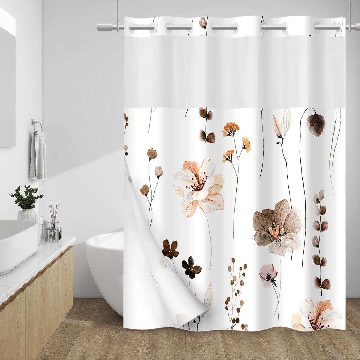 WITHLOC Hook Free Floral Shower Curtain with Liner, Blue Beige, 71x74
