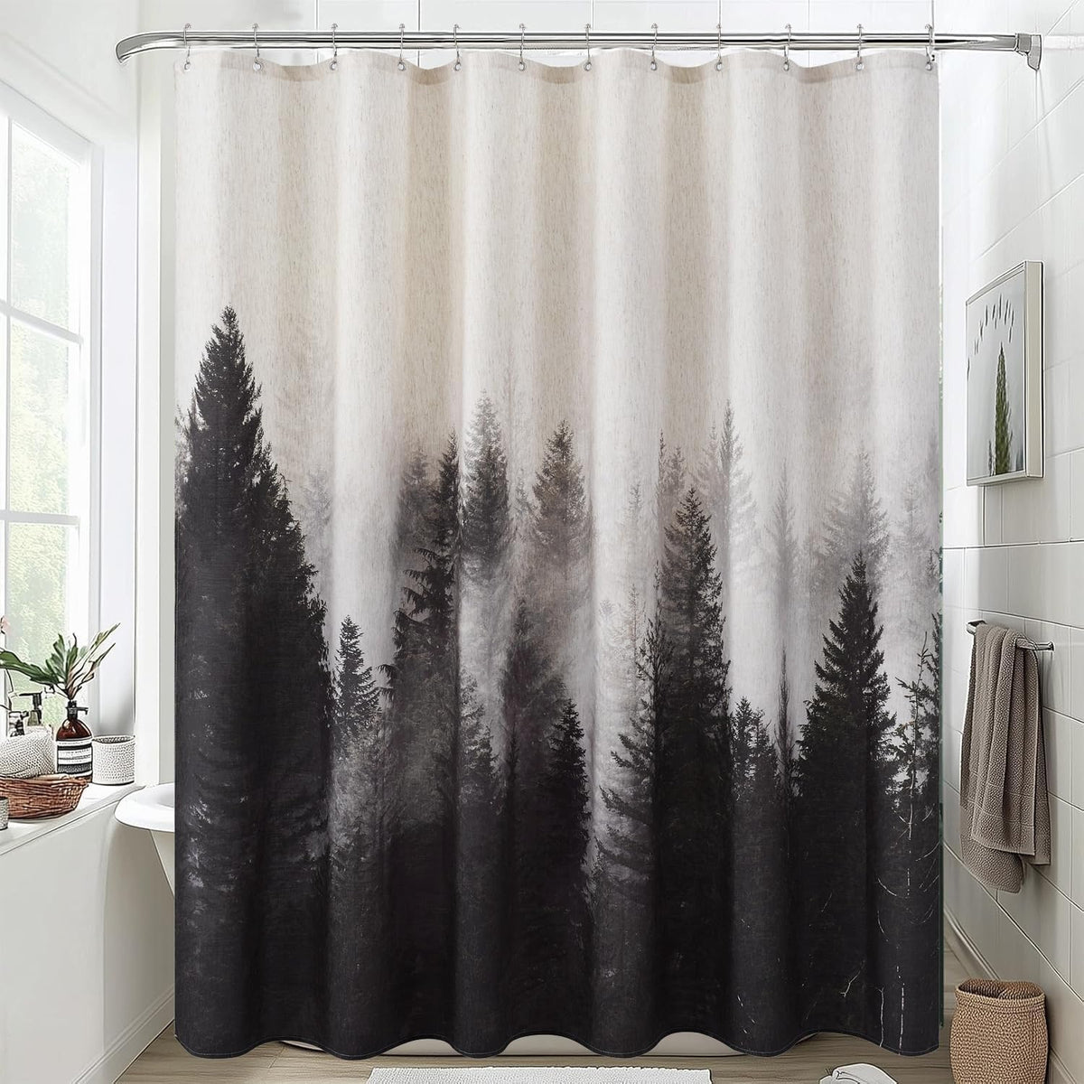ORTIGIA Black and White Misty Forest Shower Curtain for Bathroom, Nature Woodland Curtain Set with Hooks, Decorative Pine Tree Fog Magic Bath Decor for Home Weighted, 72x72