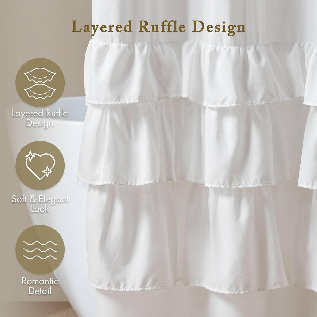 Madison Park Grace Ruffle Shower Curtain for Bathroom, 72"x 72", White