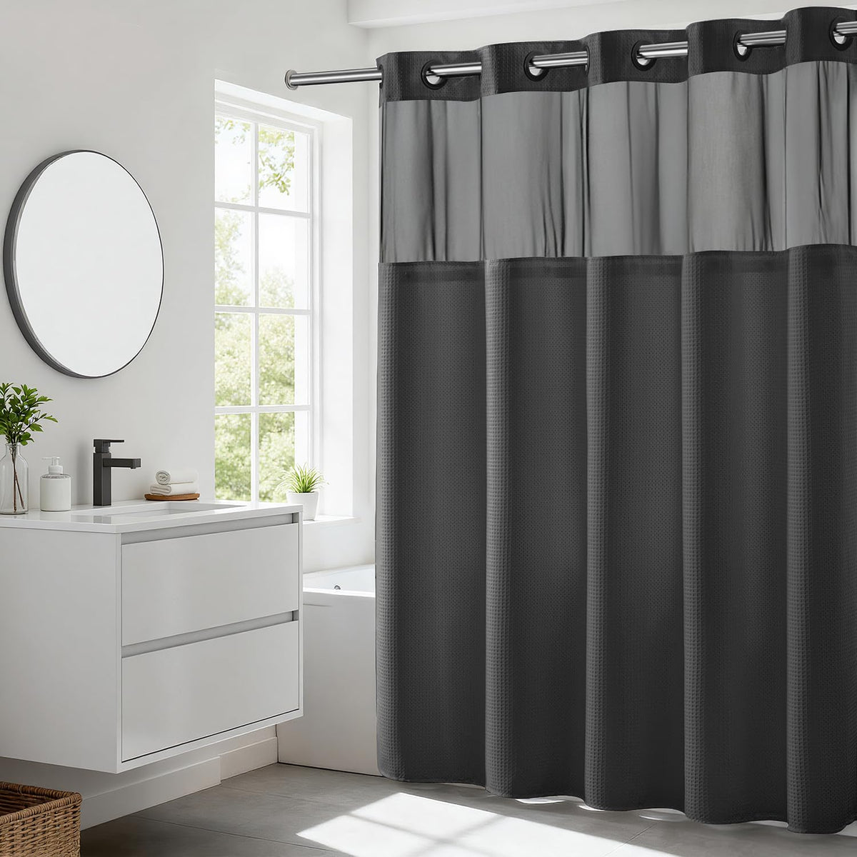 RiverDream Heavyweight Waffle No Hook Shower Curtain with Liner,White,71x74