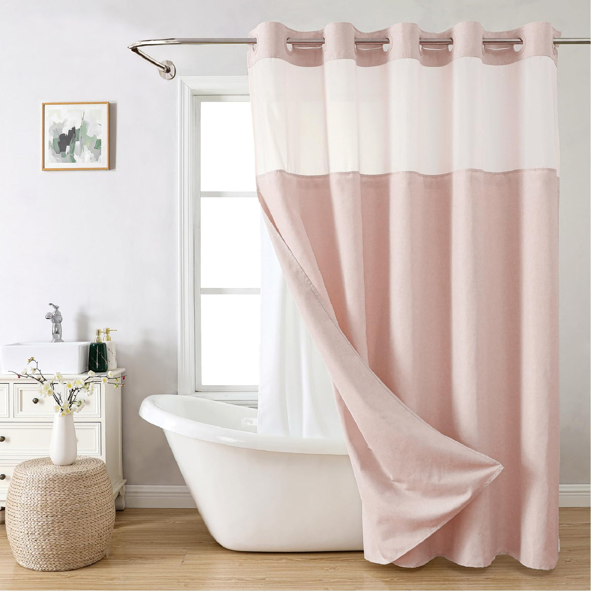 Eachope No Hooks Polyester Textured Shower Curtain with Snap-in Fabric Liner Set, Hotel Luxury Decor Shower Curtains for Bathroom with See Through Top Window, Waterproof & Washable, 71Wx74H, Cream