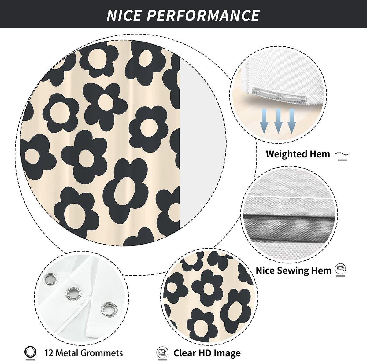 Black Cute Retro Floral Abstract 70s Aesthetic 72W*72H Inch Shower Curtain