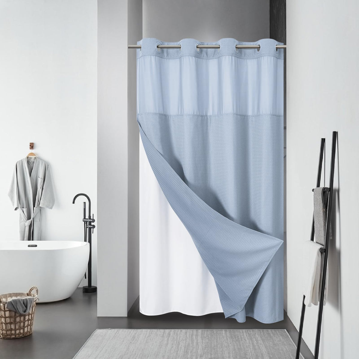 eachope No Hook Waffle Shower Curtain with Snap-in Liner, 71x74 Inch, Grey