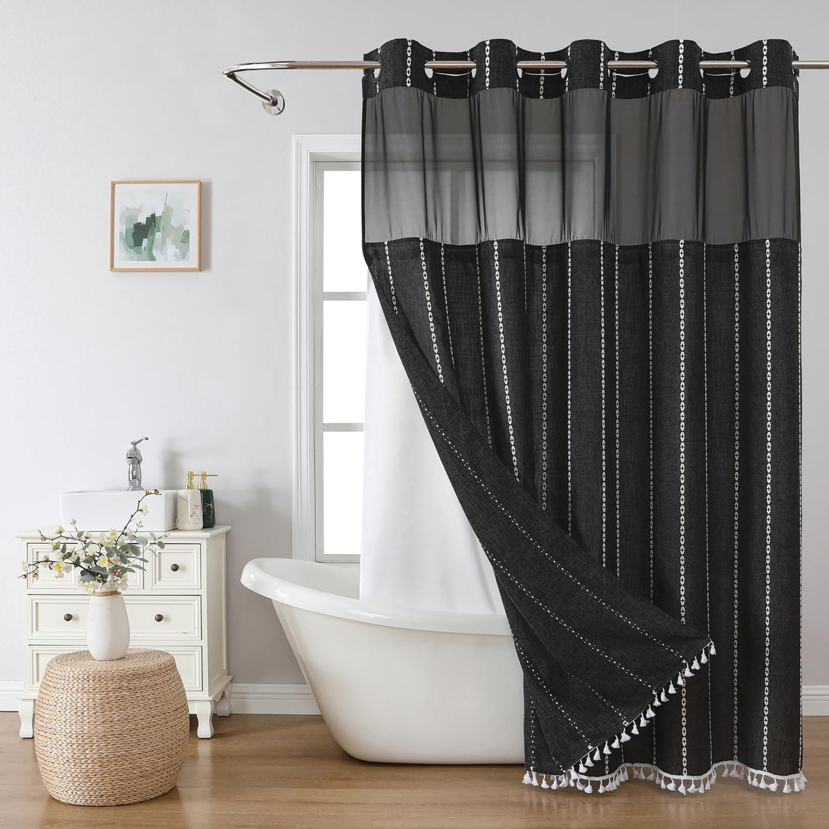 eachope Boho Farmhouse No Hook Shower Curtain Set with Snap-in Fabric Liner,Heavy-Duty Linen Textured Rustic Striped Design,Water-Repellent with Tassels and Sheer Window,Tan/Taupe,71x74