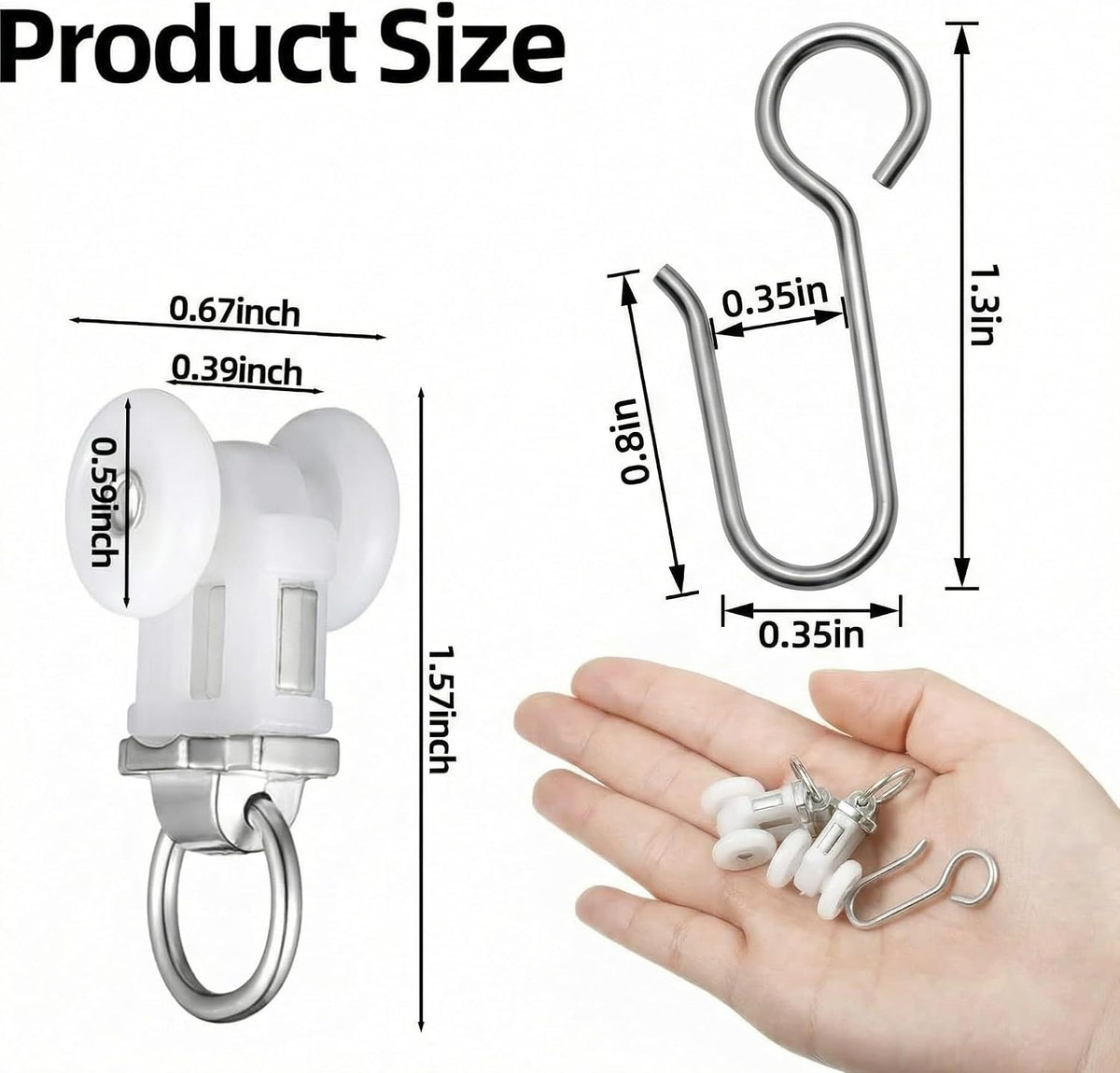 Zonon 100 Pcs Curtain Track Roller and Hooks Kit Dual Wheel Roller Carrier Ceiling Mount Gliders Stainless Steel Hooks for Ceiling Mounted Shower Curtains, Drapes, and Room Dividers