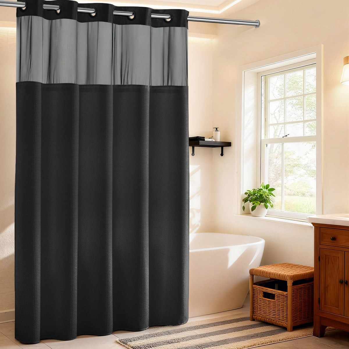 RiverDream Heavyweight Waffle No Hook Shower Curtain with Liner,White,71x74