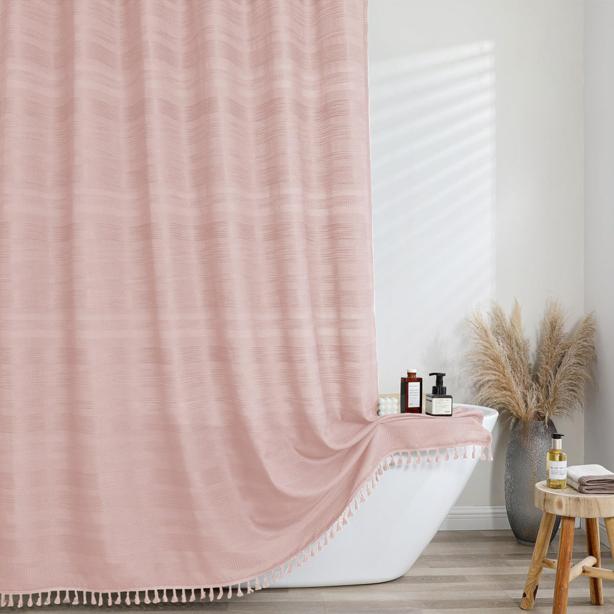 OVZME Natural Linen Shower Curtain for Bathroom, Boho Farmhouse Rustic Striped Shower Curtain with Tassel, Textured Heavy Duty Vintage Country Bathroom Curtain, 72Wx72L Inches