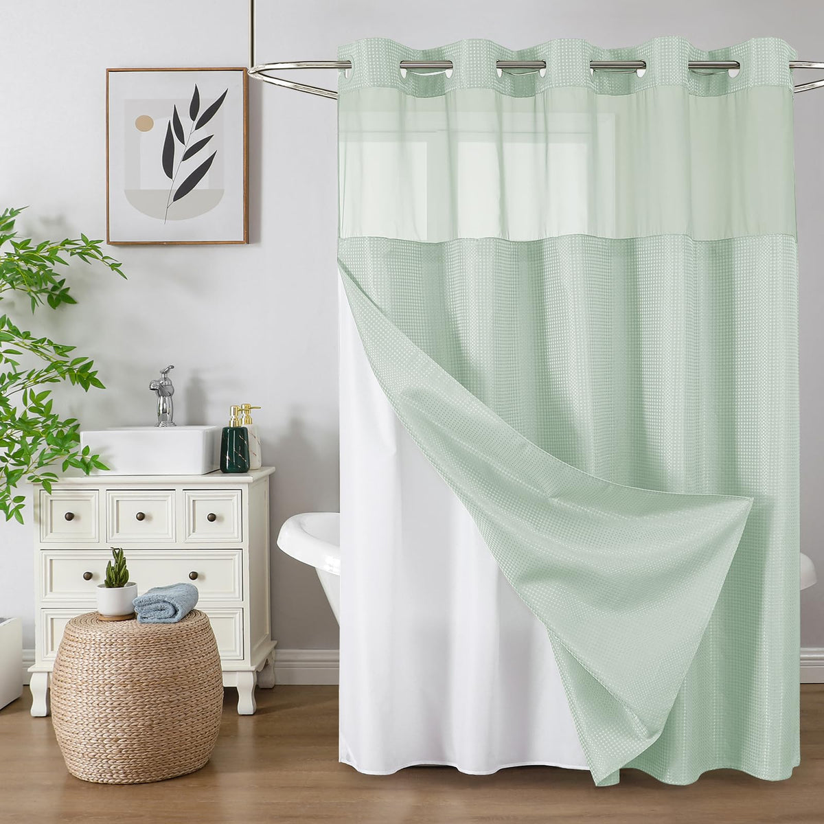Colorful Star Sage Green No Hook Waffle Shower Curtain Set, 72 x 75 Inch