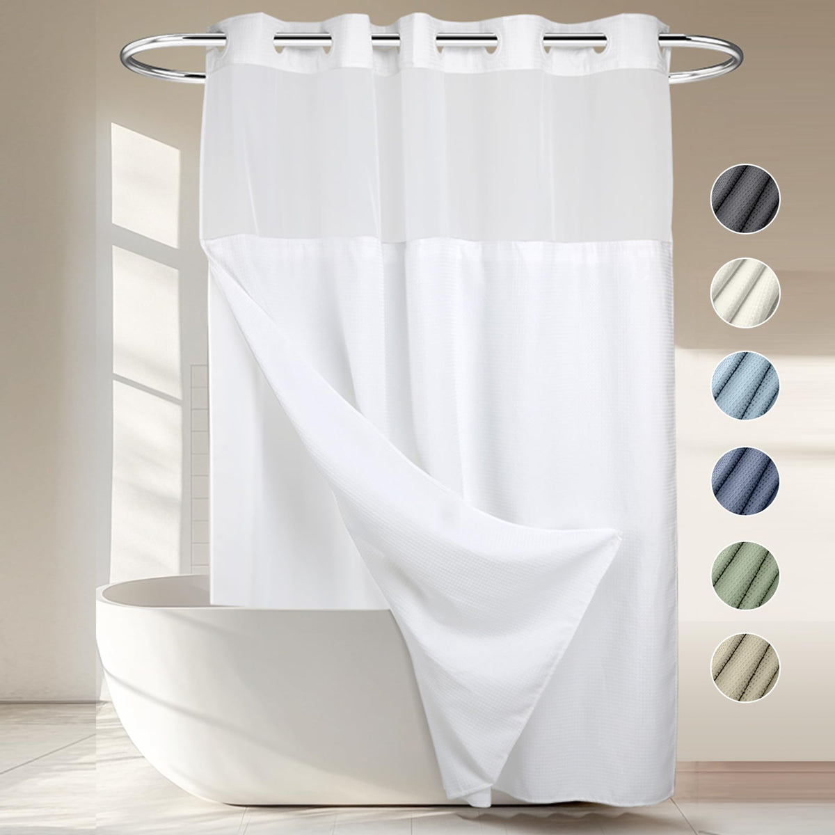 RiverDream Heavyweight Waffle No Hook Shower Curtain with Liner,White,71x74