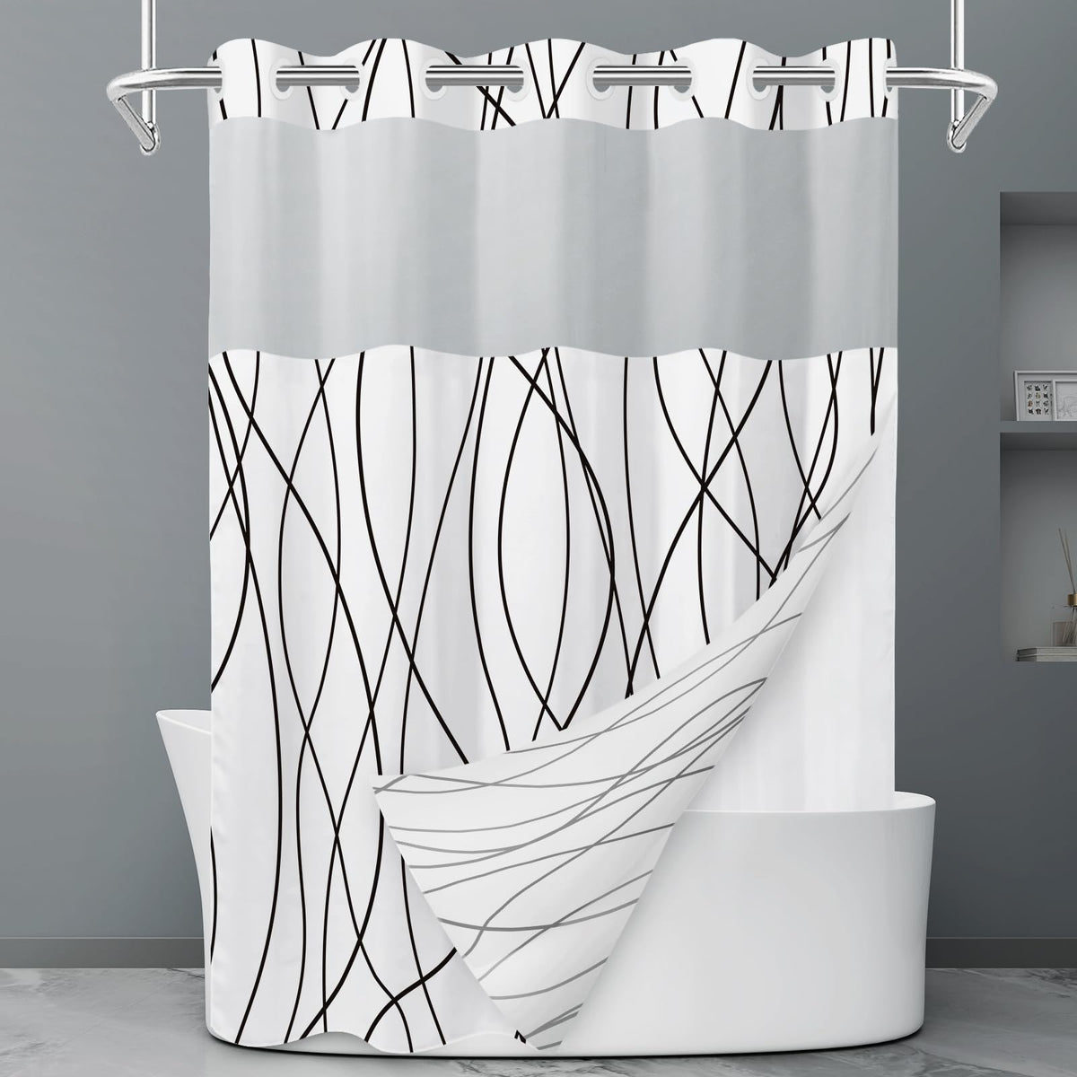 LXBNI Ringless Shower Curtain with Snap-in Liner, Gray White, 71 x 74 Inch