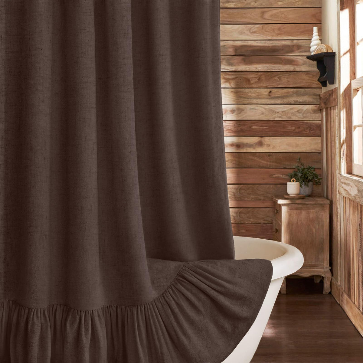 Farmhouse Shower Curtain Ruffle Linen Cream-Green Stripe 72"W x 72"L