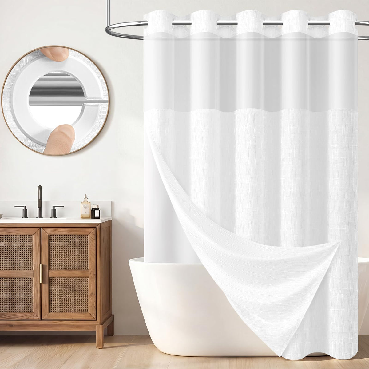 BTTN Cream Ringless Linen Textured Shower Curtain with Snap in Liner, 72x75