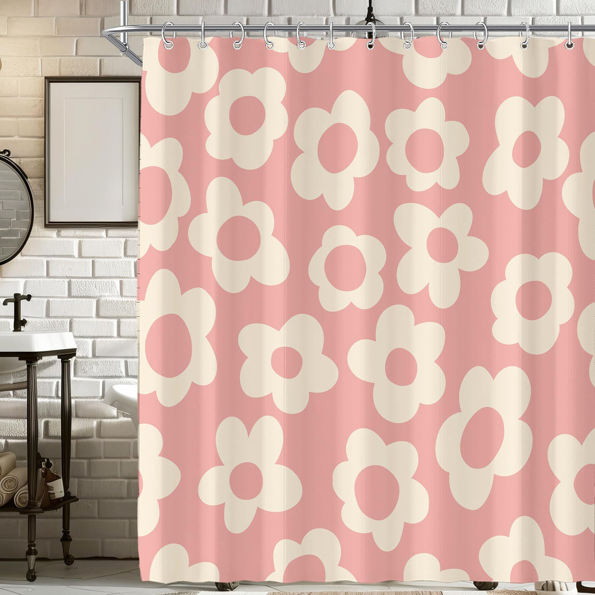 Black Cute Retro Floral Abstract 70s Aesthetic 72W*72H Inch Shower Curtain
