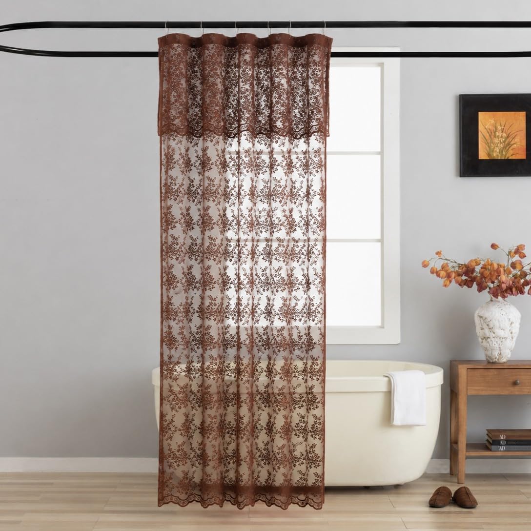 TUDECO Pink Lace Shower Curtain with Attached Valance, 72x72 Inch, 1 Panel