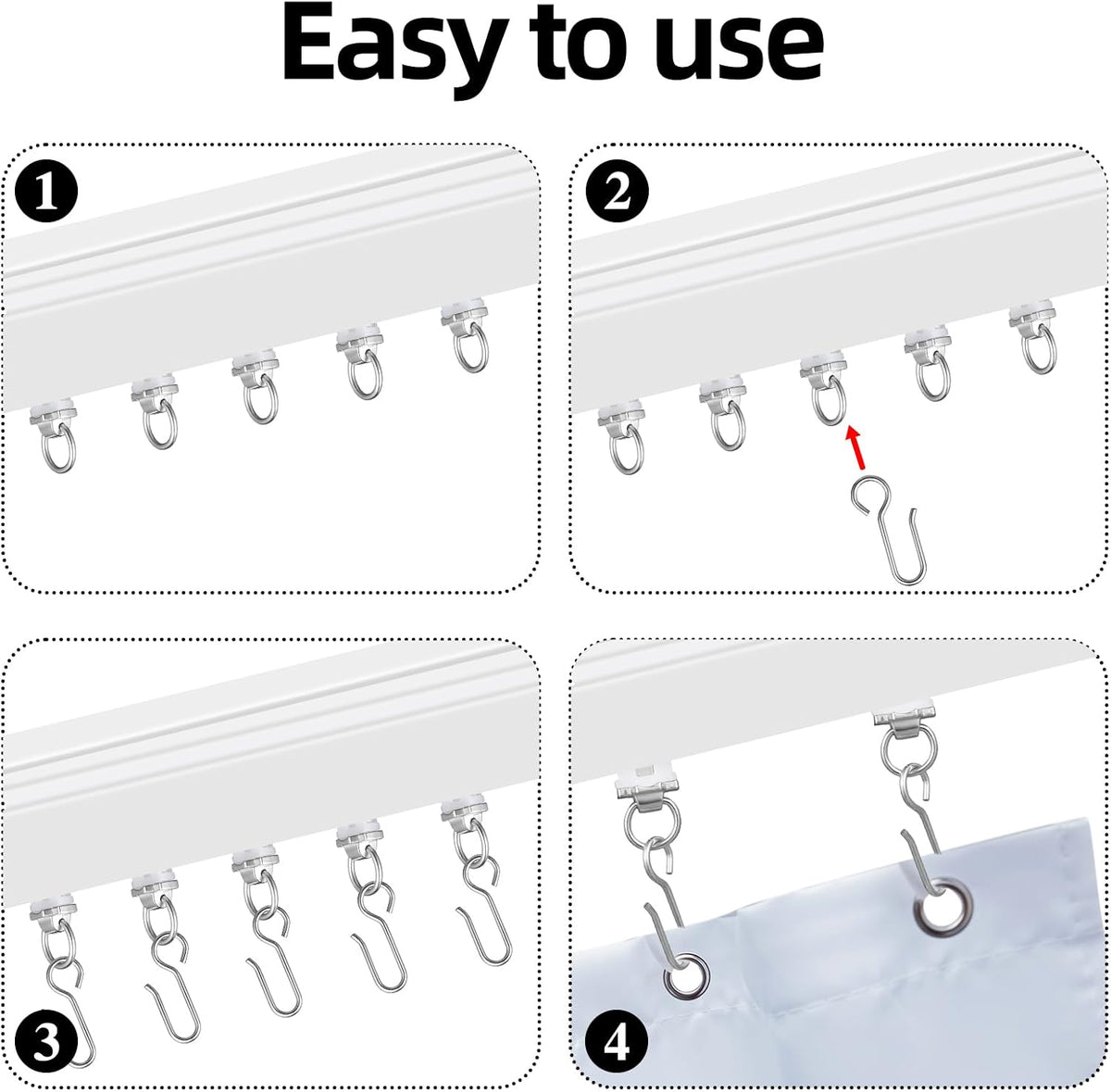 Zonon 100 Pcs Curtain Track Roller and Hooks Kit Dual Wheel Roller Carrier Ceiling Mount Gliders Stainless Steel Hooks for Ceiling Mounted Shower Curtains, Drapes, and Room Dividers