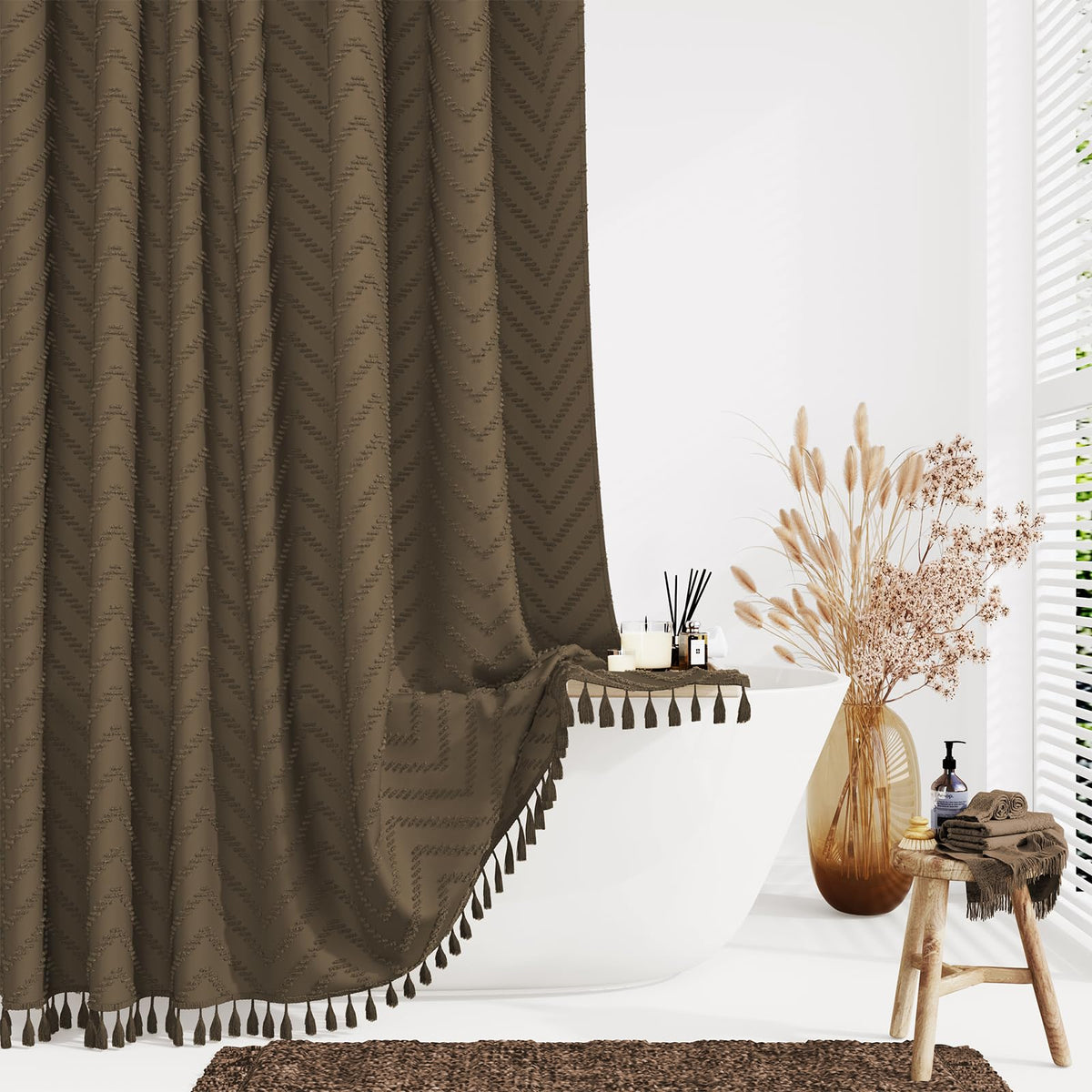 Dynamene Boho Farmhouse Fabric Shower Curtain Tufted Chevron 72"x72" Black