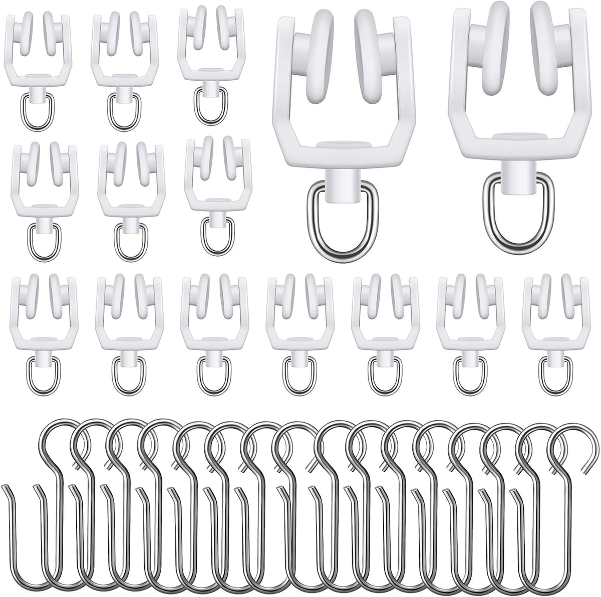 Heran Ceiling Curtain Track Hooks and Rollers Set, 60 Pieces Stainless Steel S-Type Hooks with Plastic Track Rollers for Smooth Curtain Movement