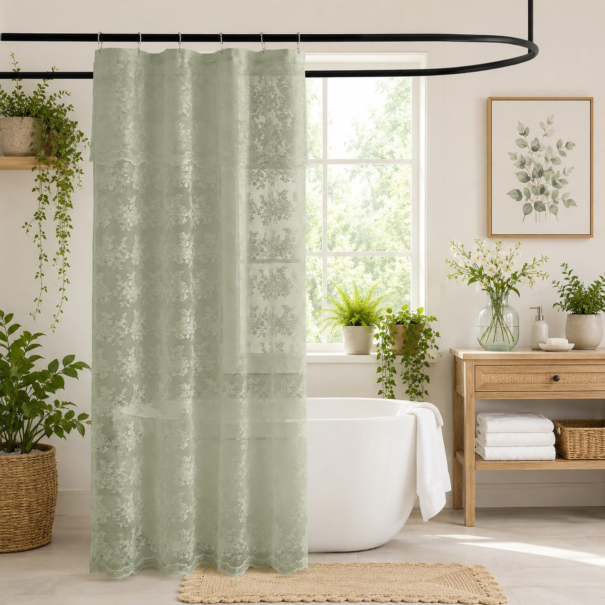 TUDECO Pink Lace Shower Curtain with Attached Valance, 72x72 Inch, 1 Panel