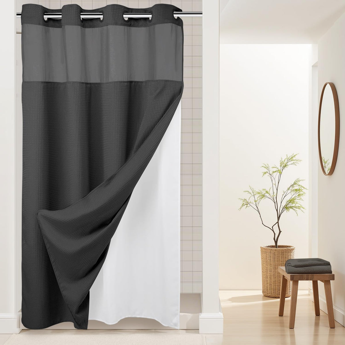 RiverDream Heavyweight Waffle No Hook Shower Curtain with Liner,White,71x74