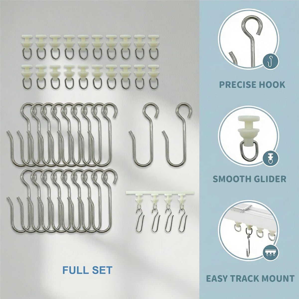 40 Pcs Curtain Track Gliders and Hooks Set Includes 20 Plastic Track Rollers 20 Stainless Steel Hooks Ideal for Ceiling Curtain Track RV Shower Curtain Rail Drapery System