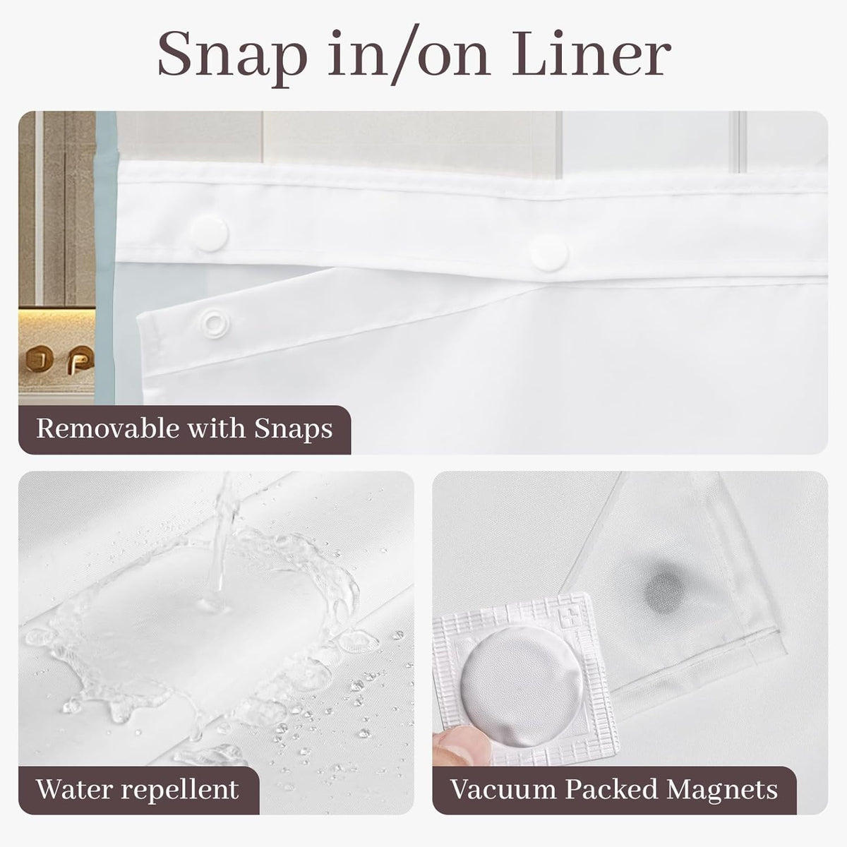 Yiatn Gray Ringless Shower Curtain with Snap-in Liner, 71 x 74 Inch