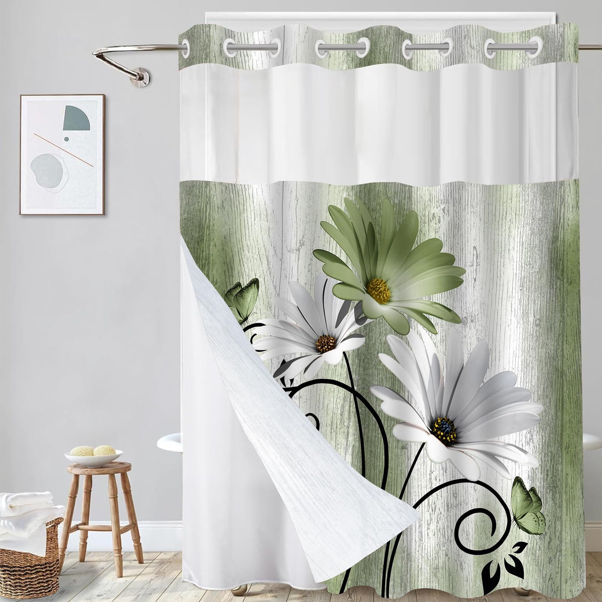 Hookless Shower Curtain with Snap in Liner, Blue Colorful Floral, 72W x 75L