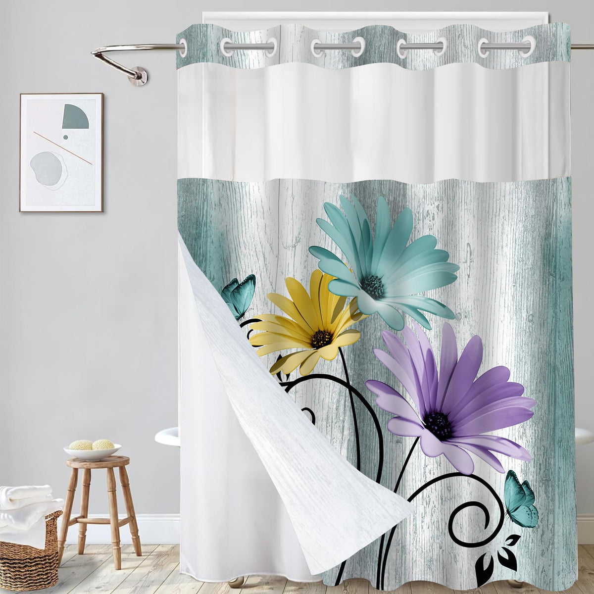 Hookless Shower Curtain with Snap in Liner, Blue Colorful Floral, 72W x 75L