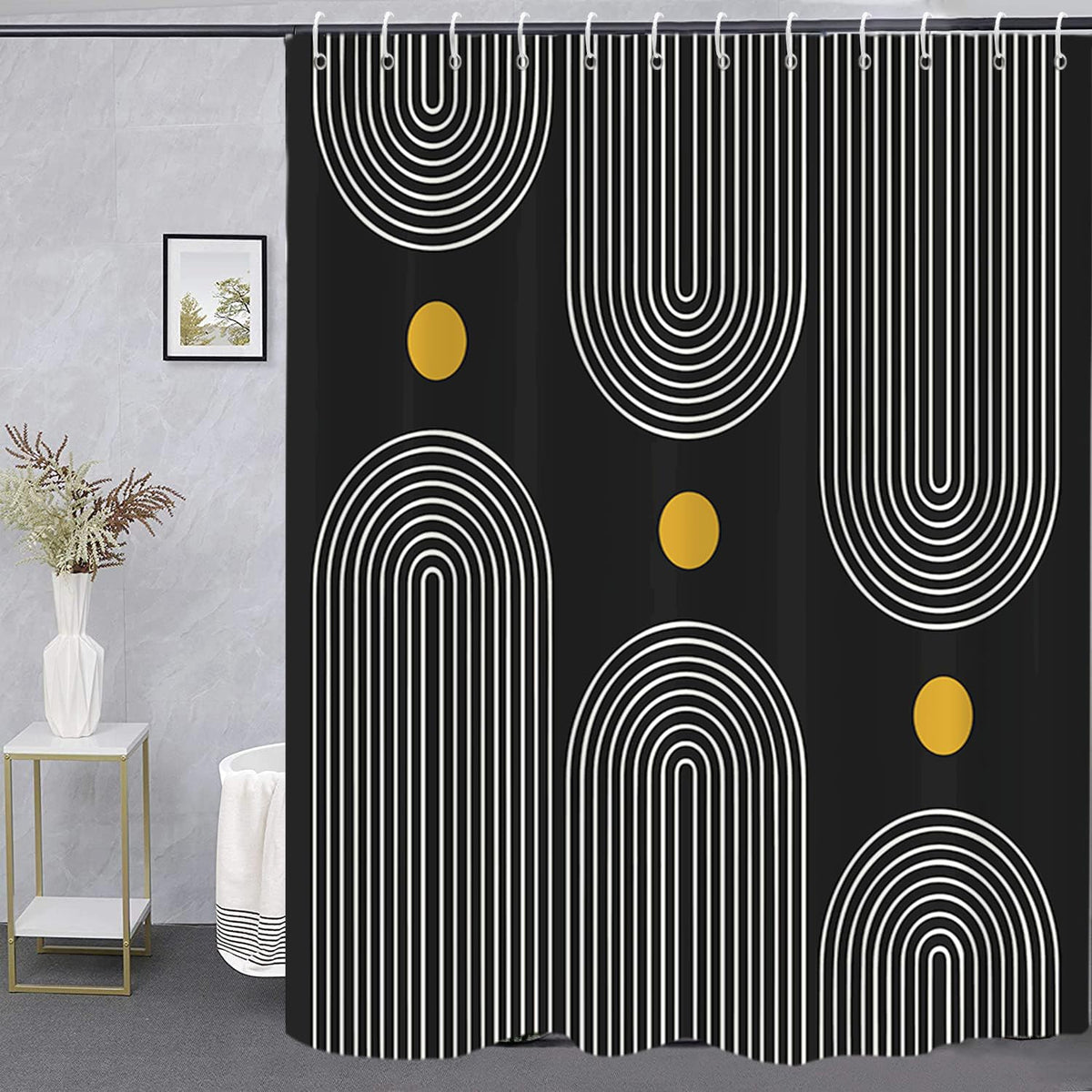 Boho Mid Century Shower Curtain, Modern Abstract with Hooks 72x72