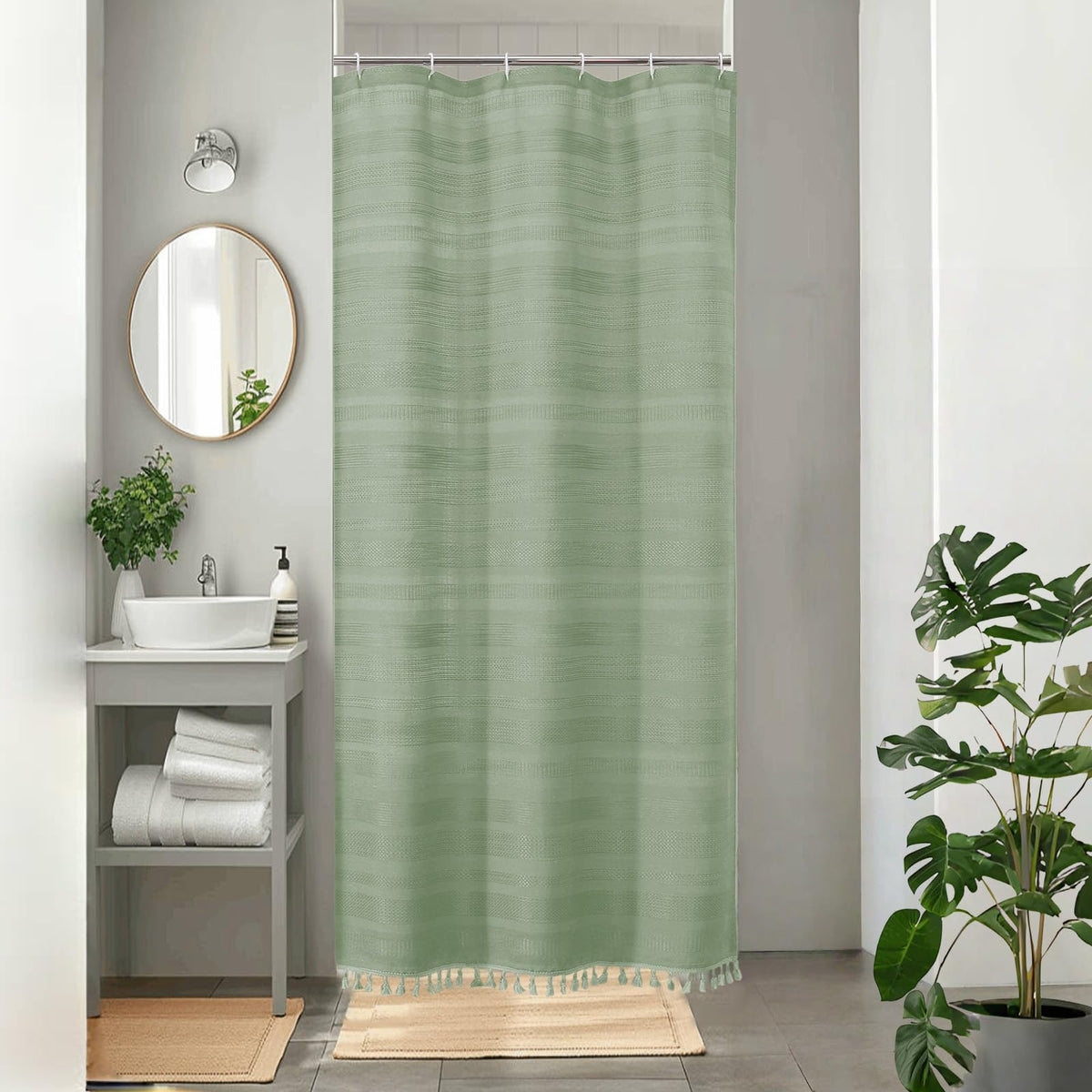 OVZME Natural Linen Shower Curtain for Bathroom, Boho Farmhouse Rustic Striped Shower Curtain with Tassel, Textured Heavy Duty Vintage Country Bathroom Curtain, 72Wx72L Inches