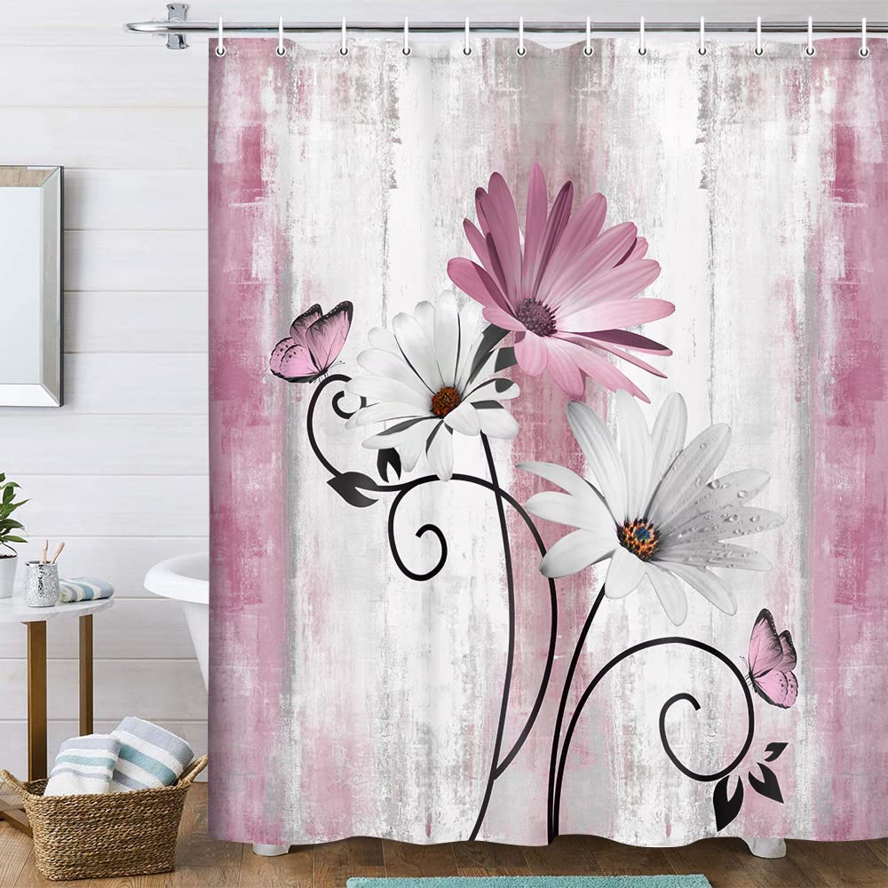Rustic Farmhouse Shower Curtain, Farm Tan Cream Daisy Floral Flowers and Butterfly on Country Wooden Shower Curtains for Bathroom, Beige Brown Home Decor with 12PCS Hooks, 70X70IN