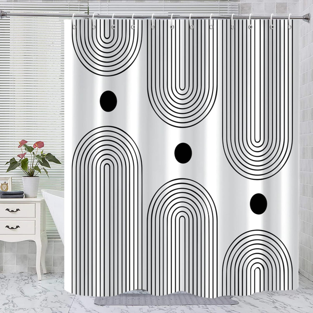 Boho Mid Century Shower Curtain, Modern Abstract with Hooks 72x72