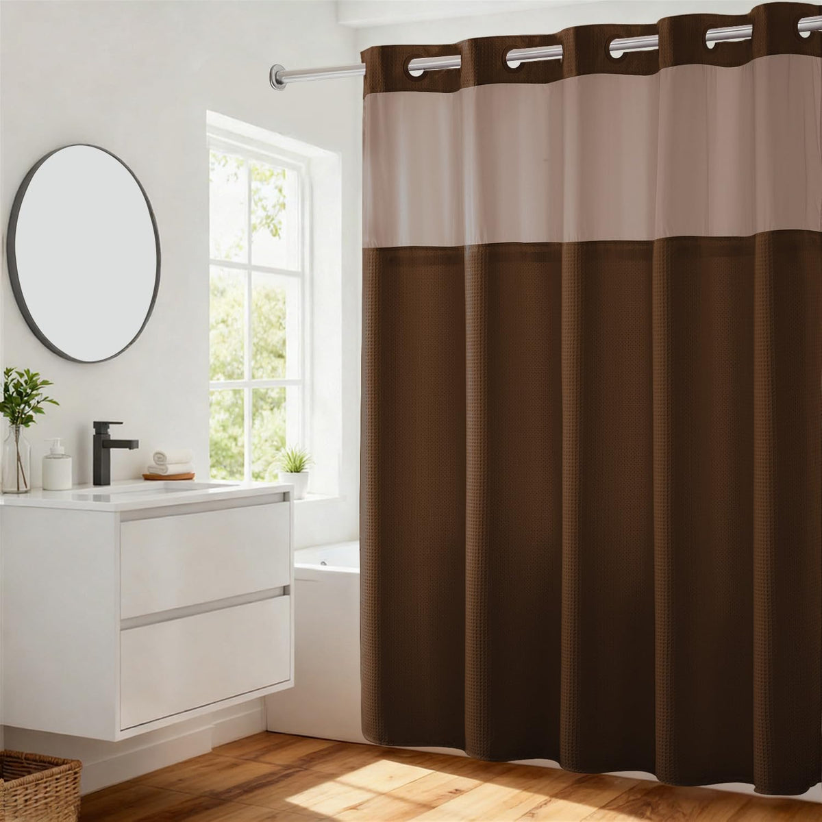 RiverDream Heavyweight Waffle No Hook Shower Curtain with Liner,White,71x74