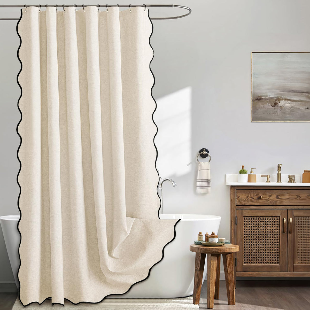 MIULEE Beige Scalloped Shower Curtain Linen Textured with 12 Metal Hooks Cute Heavy Duty Washable Waterproof Neutral Thick Cloth Shower Curtains with Black Border for Bathroom Bathtub,W72*L72 Cream