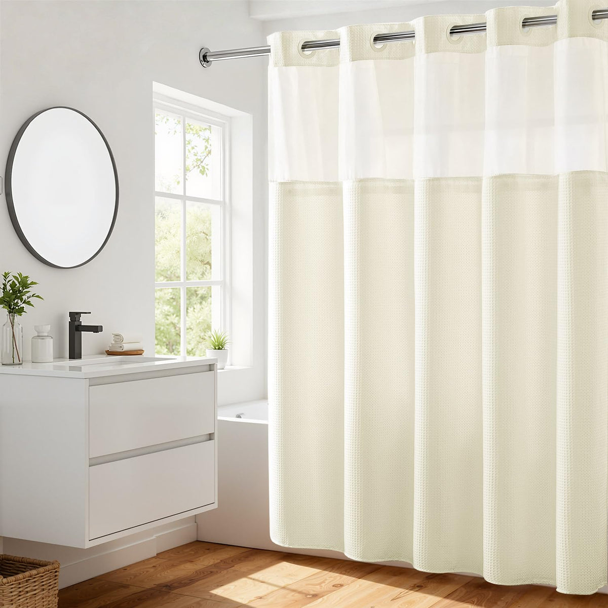 RiverDream Heavyweight Waffle No Hook Shower Curtain with Liner,White,71x74