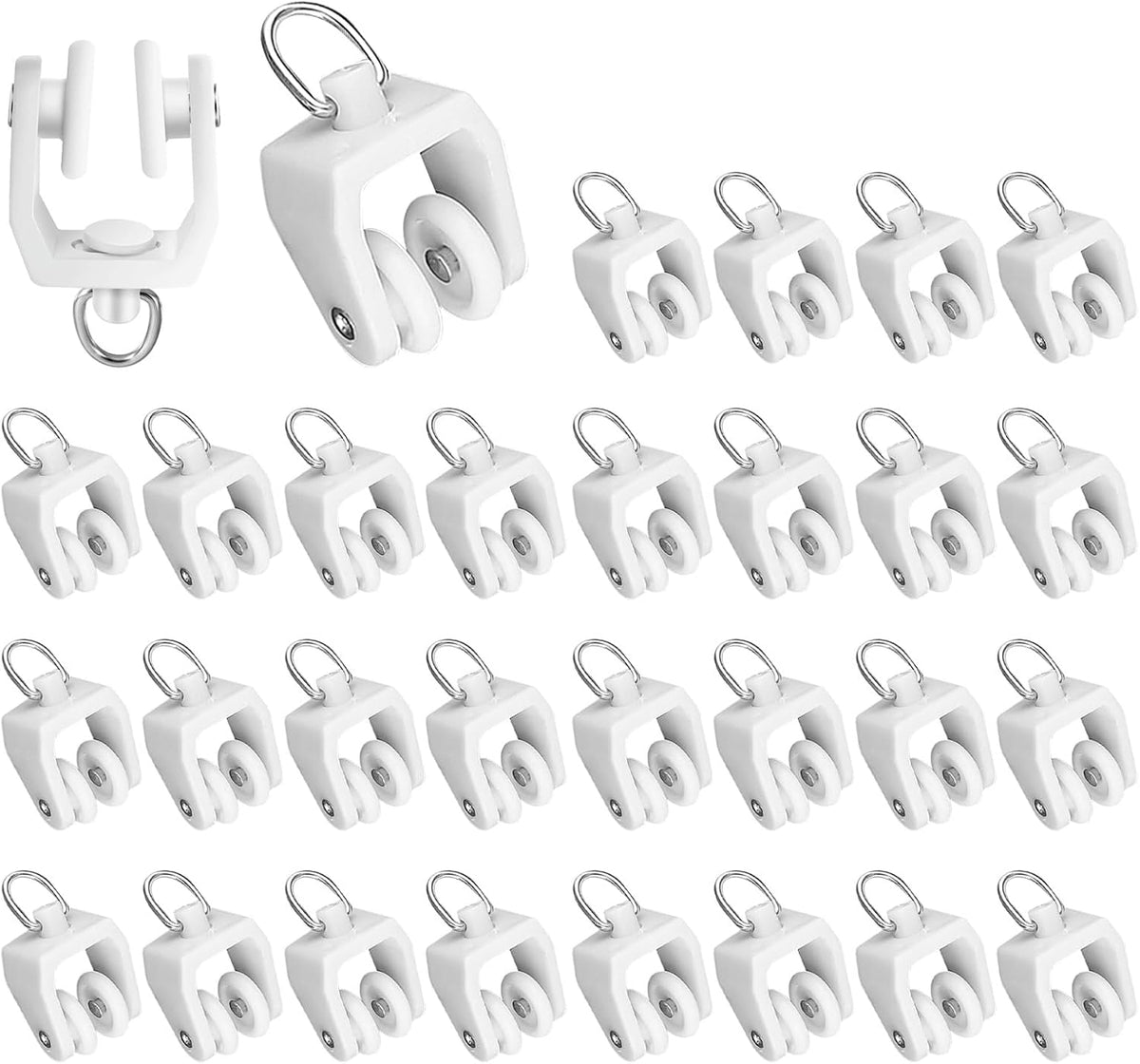 Curtain Track Rollers, 30 Pack Curtain Track Gliders Plastic Twin Wheeled Carriers Drapery Rail Sliding Glider for Windows Shower Rv Curtain Tracks, White