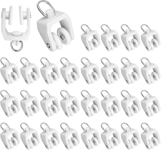 Curtain Track Rollers, 30 Pack Curtain Track Gliders Plastic Twin Wheeled Carriers Drapery Rail Sliding Glider for Windows Shower Rv Curtain Tracks, White