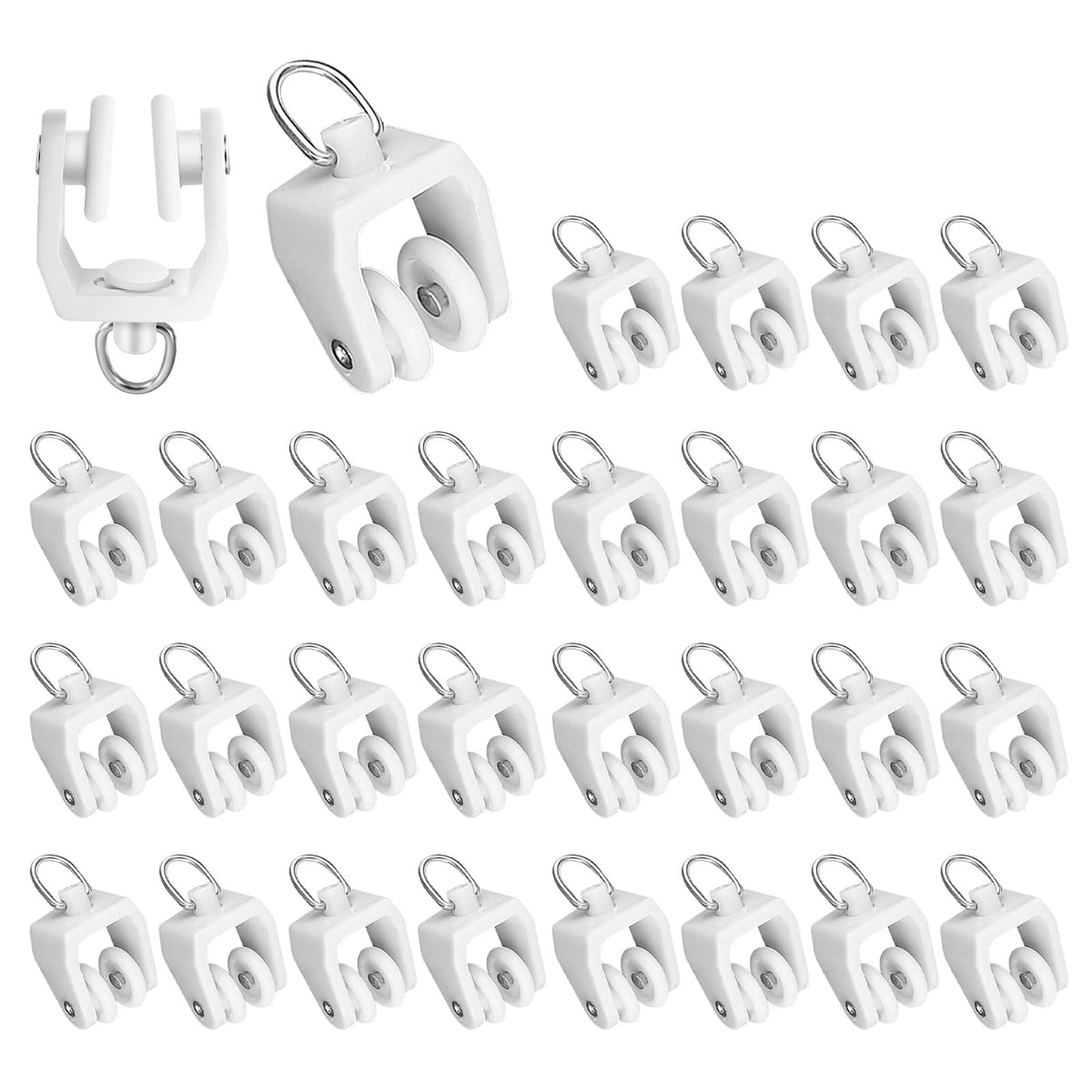 Curtain Track Rollers, 30 Pack Curtain Track Gliders Plastic Twin Wheeled Carriers Drapery Rail Sliding Glider for Windows Shower Rv Curtain Tracks, White